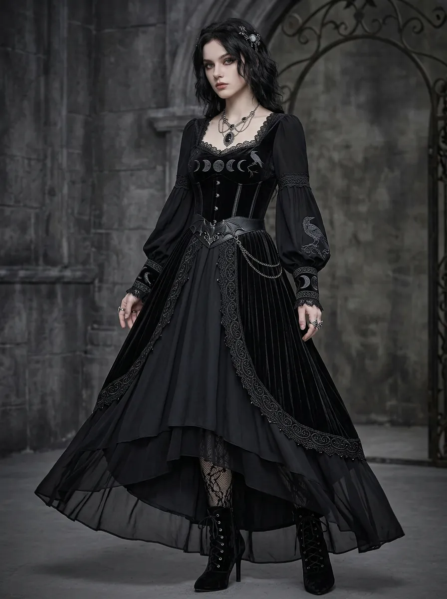 Dark Romantic Moon Raven Edit Women's Gothic Dress