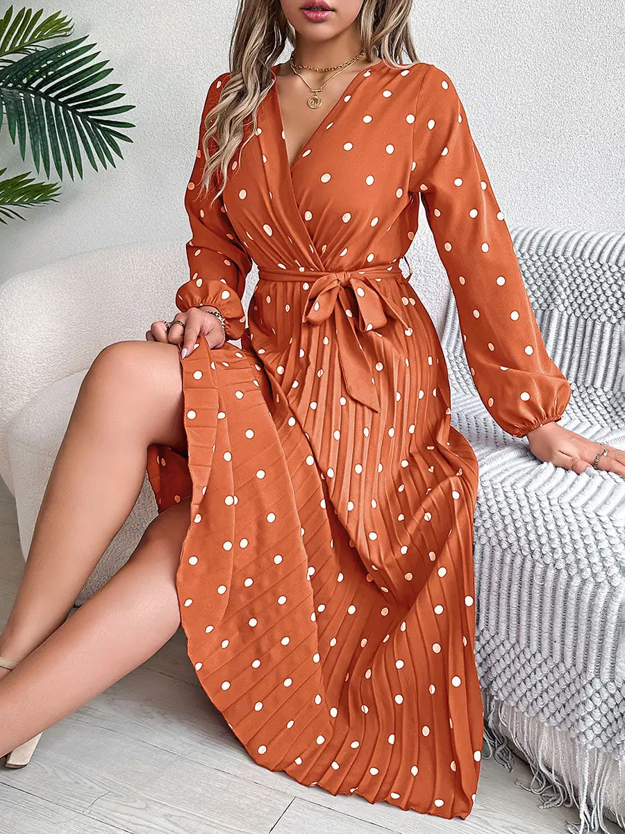 Pleated Polka Dot Long Neck Shirt Maxi