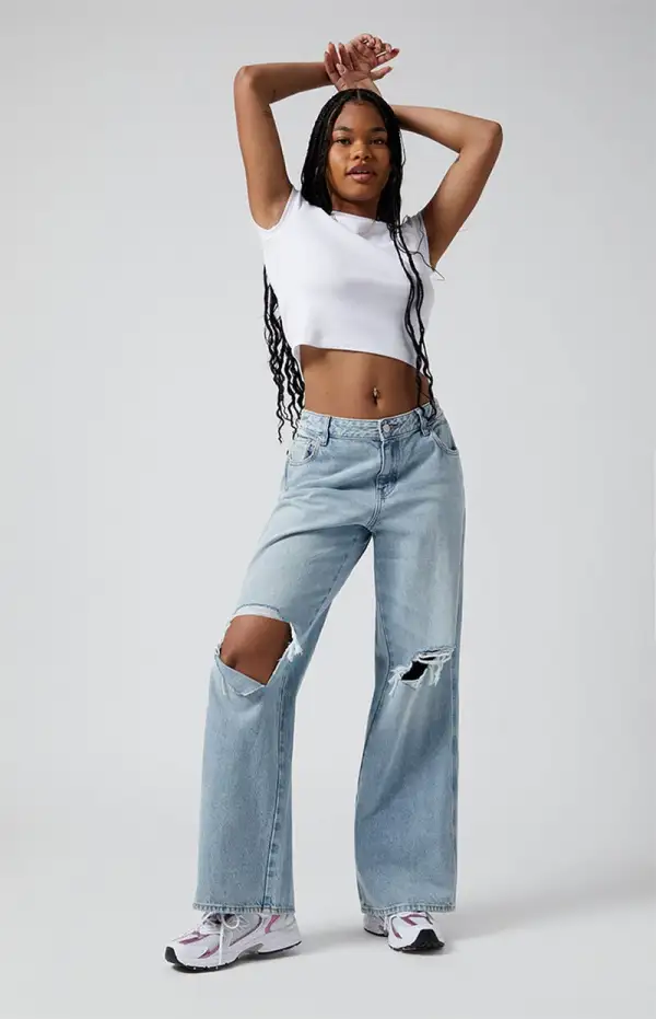 PacSun Casey Ripped Knee Low Rise Baggy Jeans Light Indigo