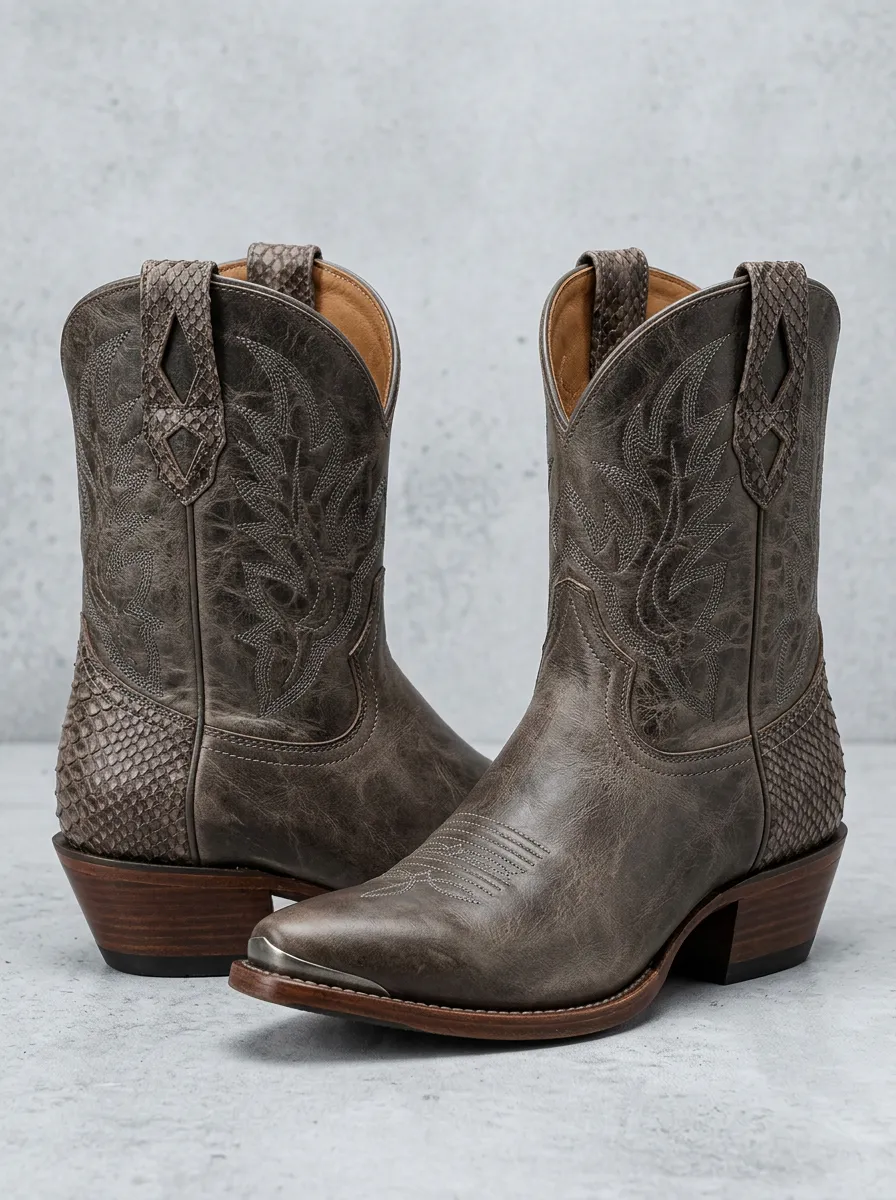 Men's Cowboy Boots with Red Snakeskin Pattern Details