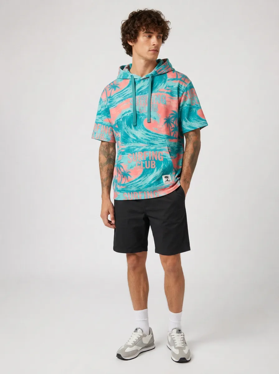 Men's Surfing Club Tropical Wave Palm Tree Printed Hoodie