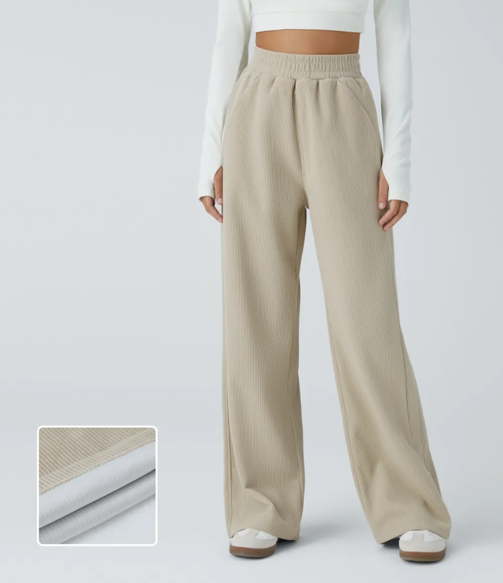 High Waisted Side Pocket Straight Leg Mop Corduroy Casual Pants