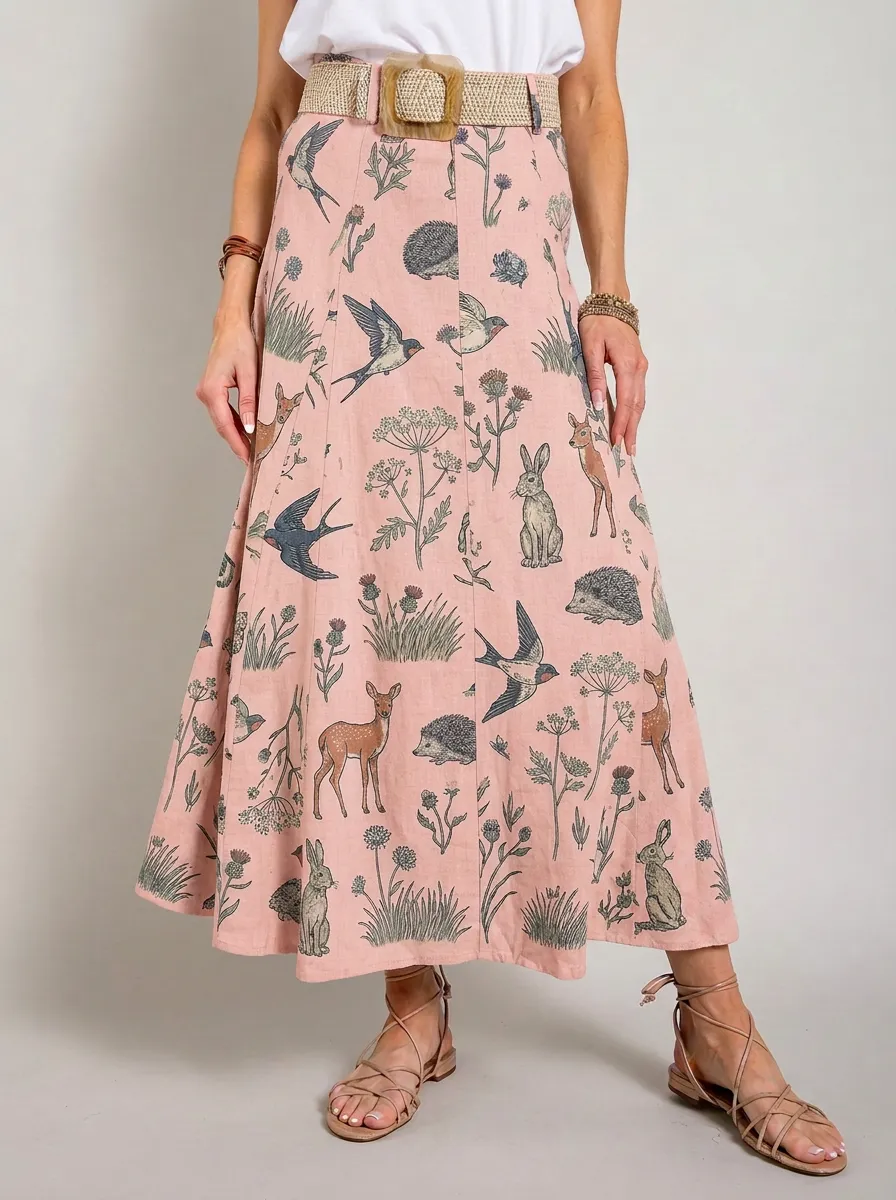 Women's Woodland Animal Nature Lover Forest Printed Midi Skirt