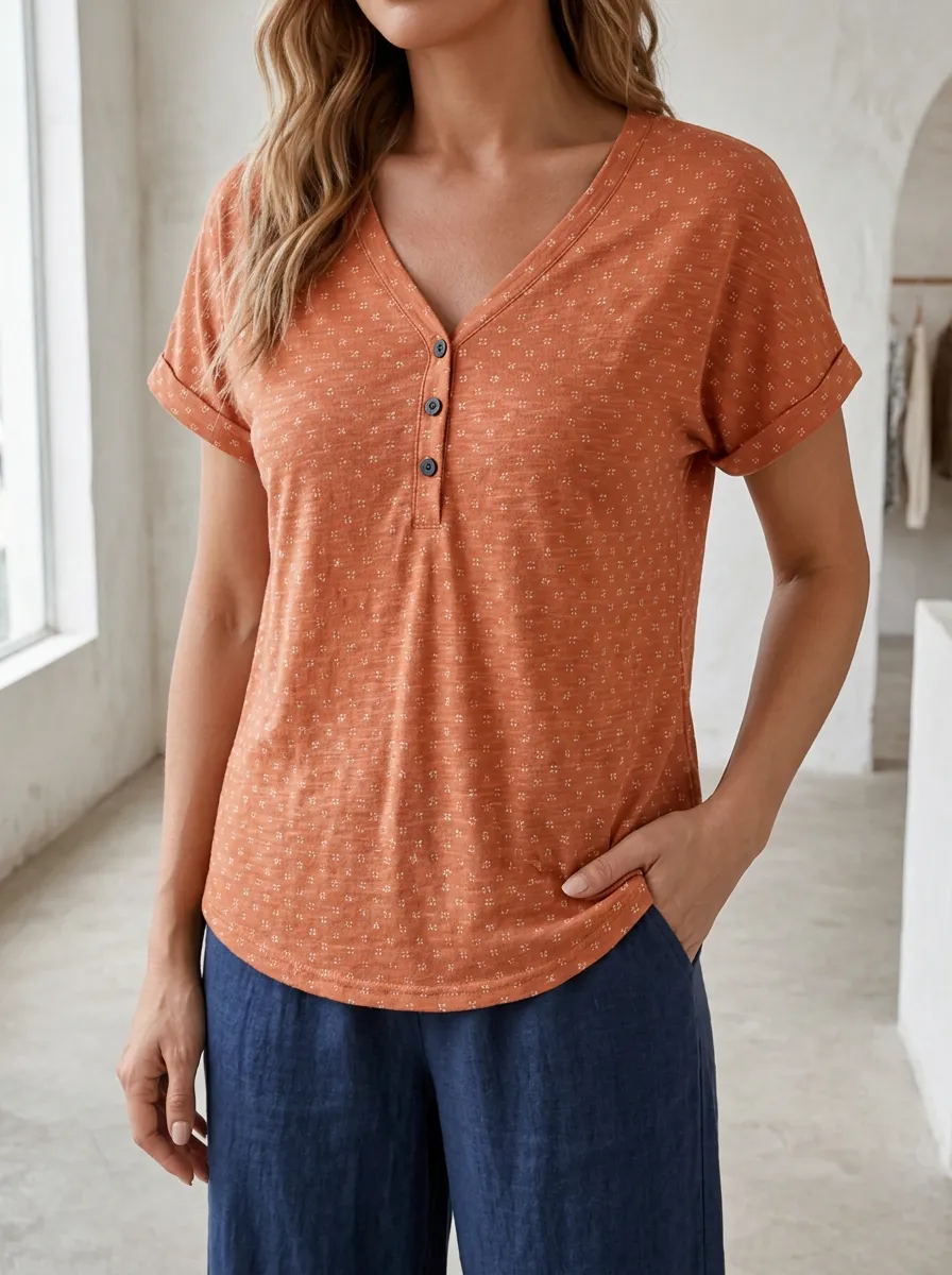 Women's Casual Boho Small Floral Printed Henley Shirt