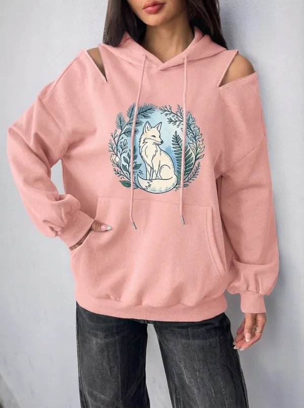 Women's Nature Fox Floral Wreath Graphic Cold-Shoulder Hoodie