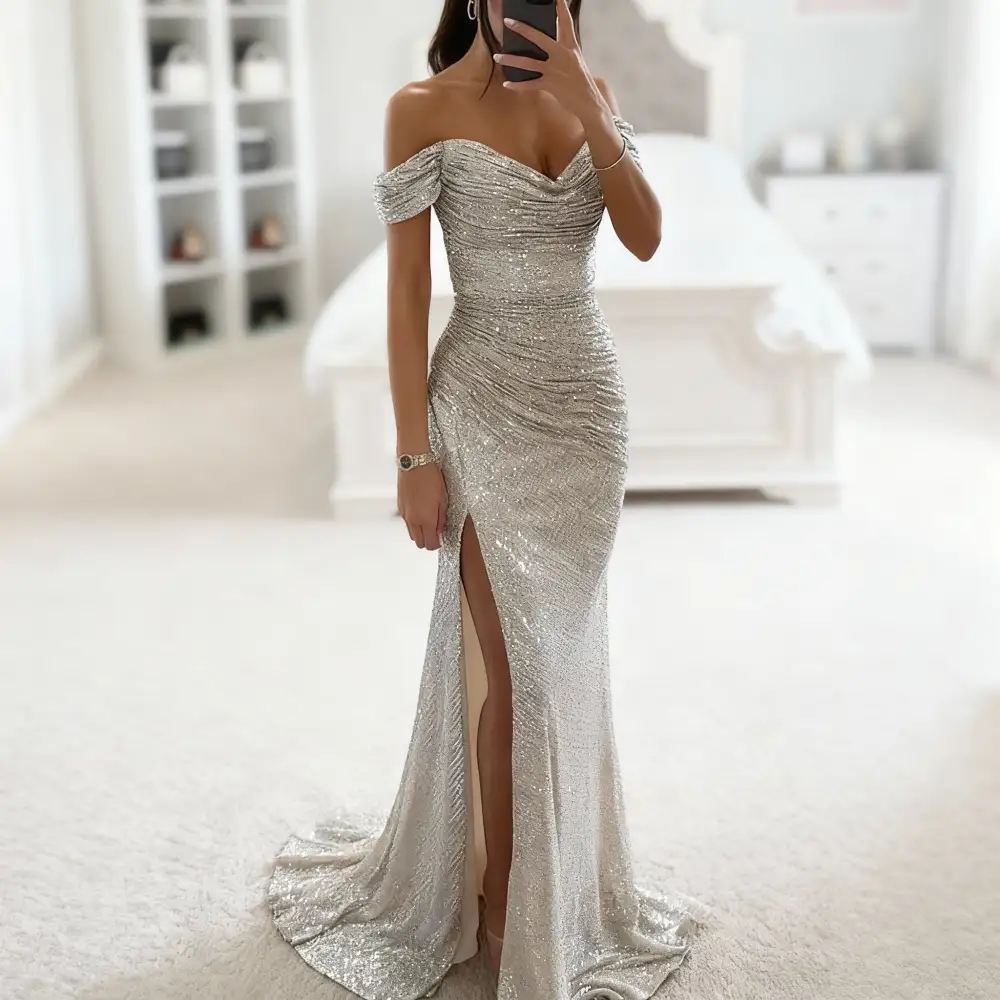 Women's Bodycon Off-Shoulder Sequin Slit Dress