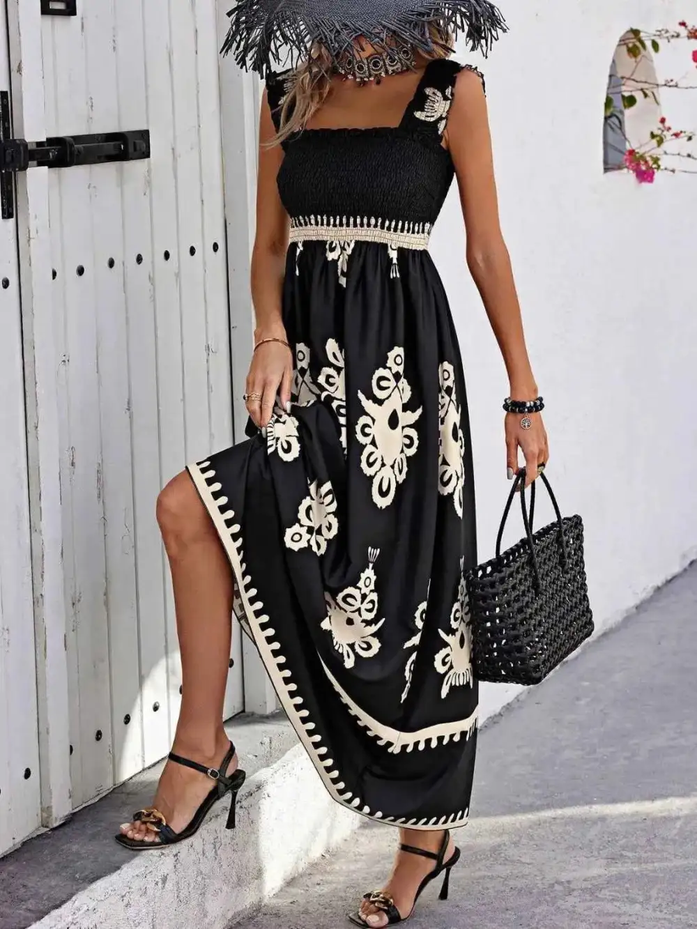 Smocked Printed Wide Strap Maxi Dress