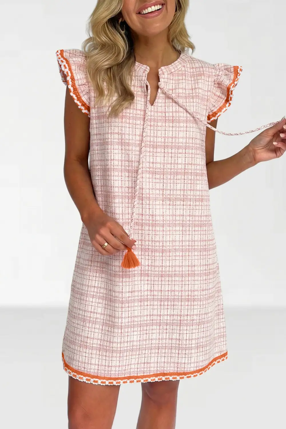 Jacquard Textured Contrast Trim Short Sleeve Tassel Tie Shift Dress