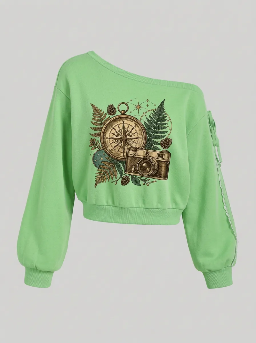 Women's Travel Photography Compass Fern Printed Off-Shoulder Sweatshirt