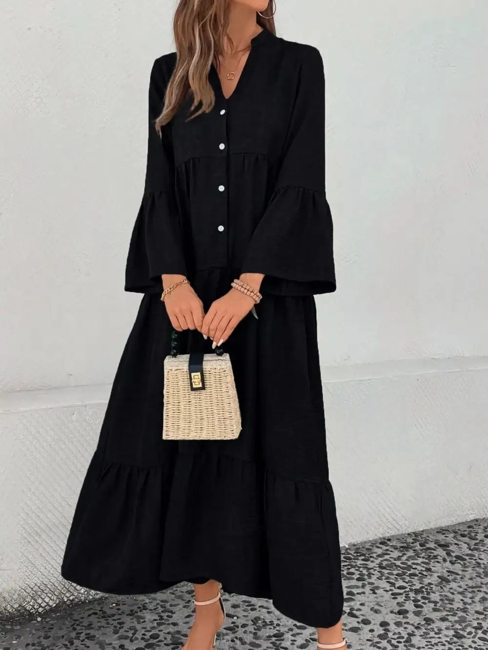 Button Front Ruffle Tiered Dress Casual