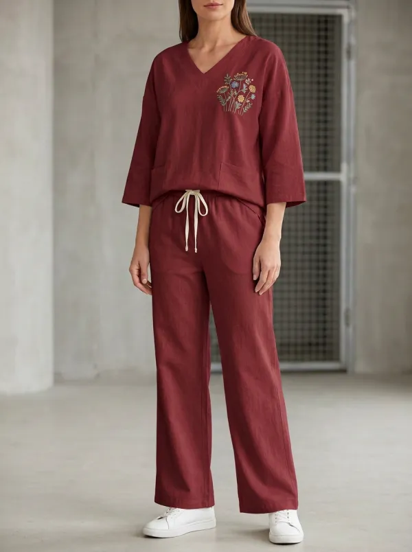 Women's Floral Embroidered Three-Quarter-Sleeve V-Neck Top And Patch-Pocket Wide-Leg Trouser Lounge Set