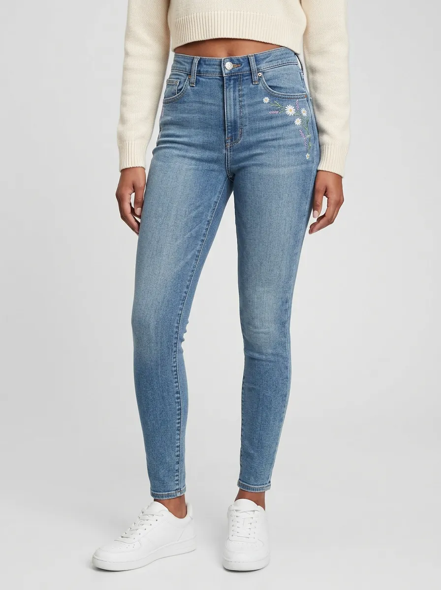 Women's Ridge Floral Daisy Embroidered Printed Slim Jeans
