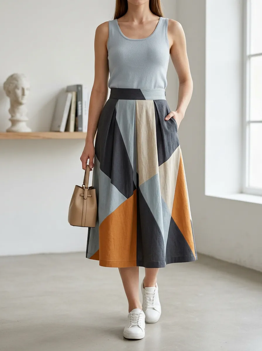 Women's Geometric Pattern Color Block Printed Midi Skirt