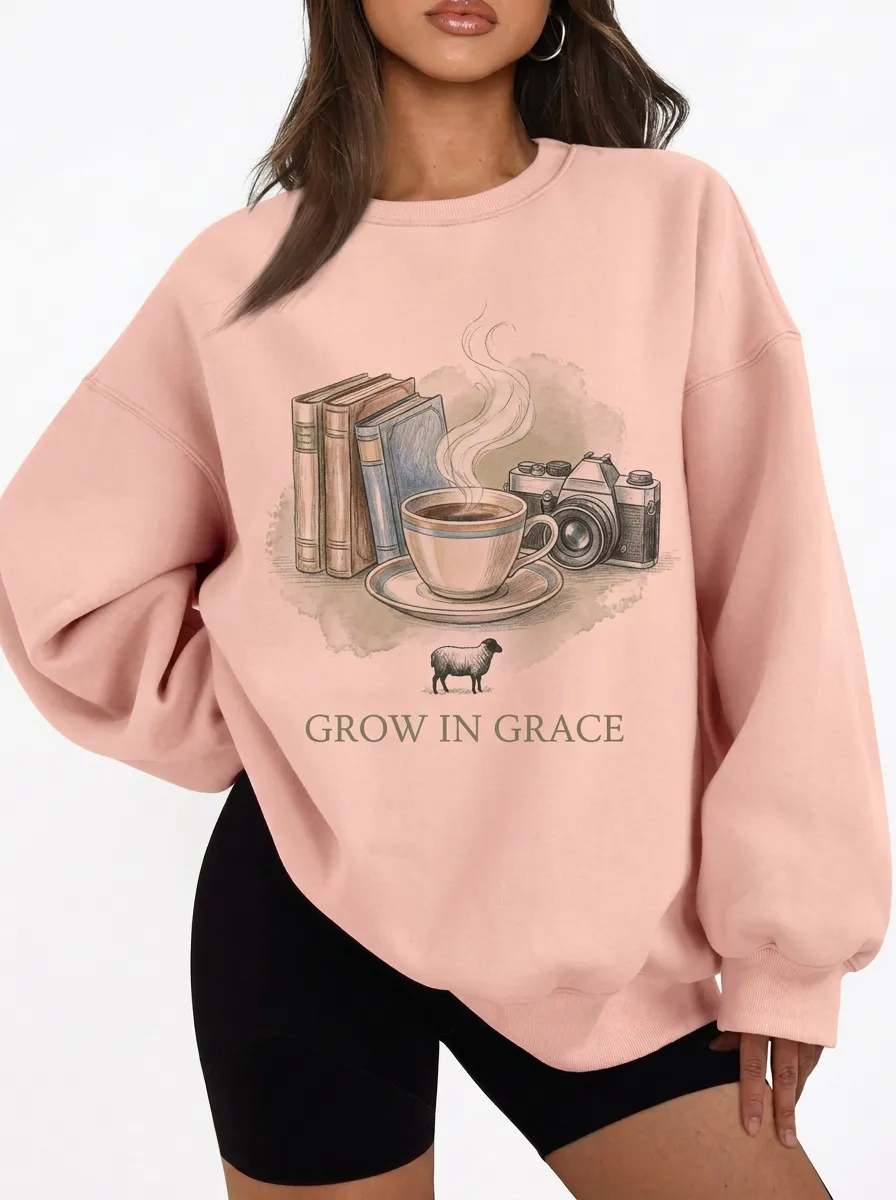 Women's Christian Book Coffee Camera Sheep Graphic Sweatshirt