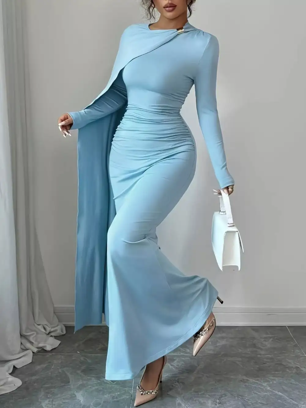 Structured Shape Ruched Long Sleeve Maxi Dress