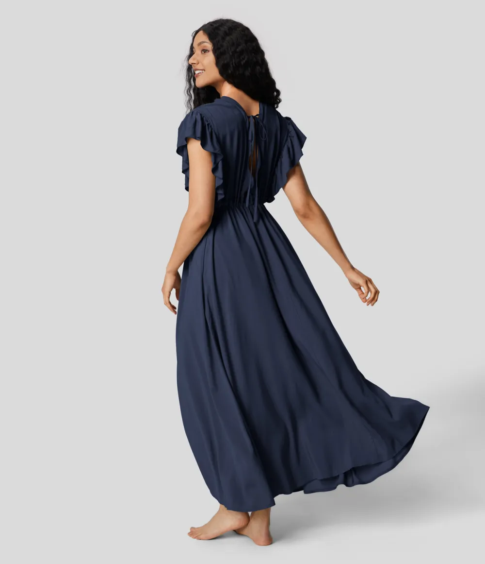 Deep V Neck Butterfly Sleeve Backless Drawstring Button Side Pocket Flowy Maxi Casual Dress