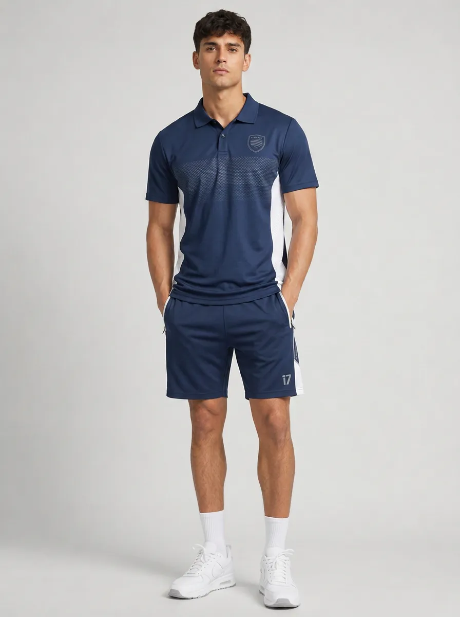 Men's Sporty Casual Geometric Pattern Printed Polo Shirt and Shorts Set