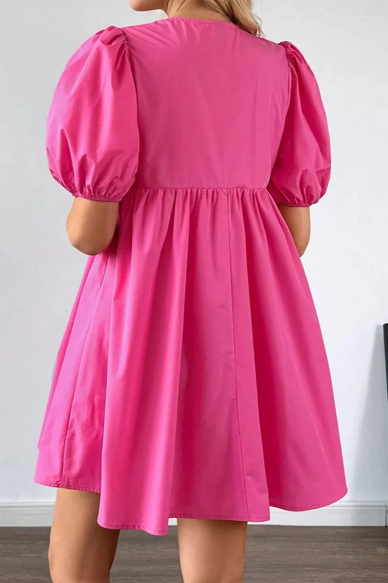 Bright Solid Color Puff Sleeve Tie Front High Waist Mini Dress
