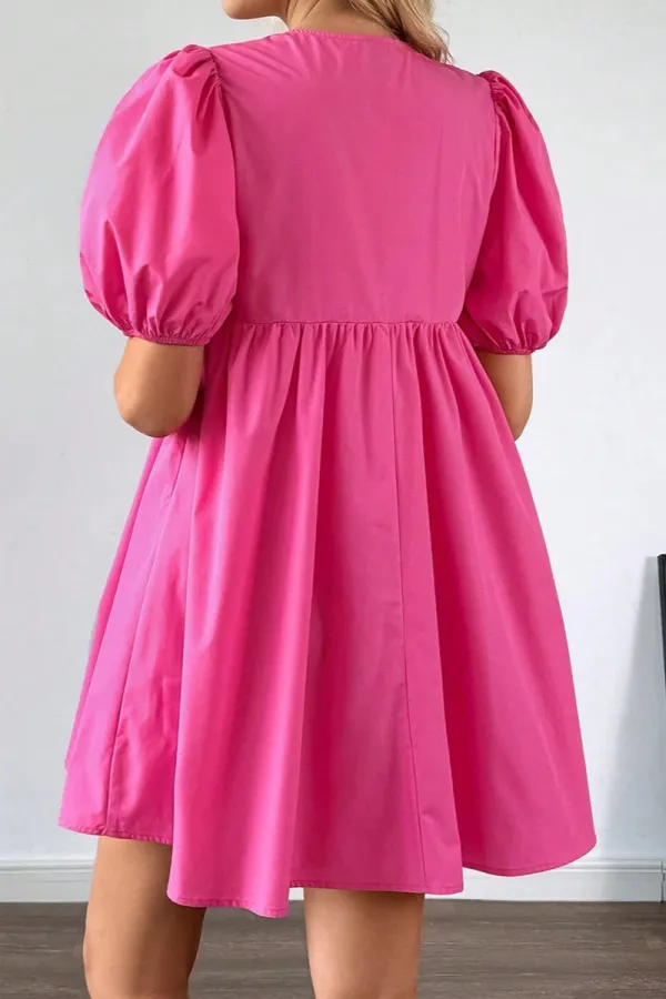 Bright Solid Color Puff Sleeve Tie Front High Waist Mini Dress