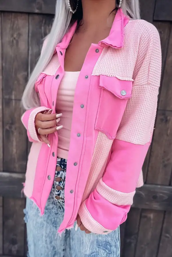 Colorblock Waffle Patchwork Pocket Shirt Jacket