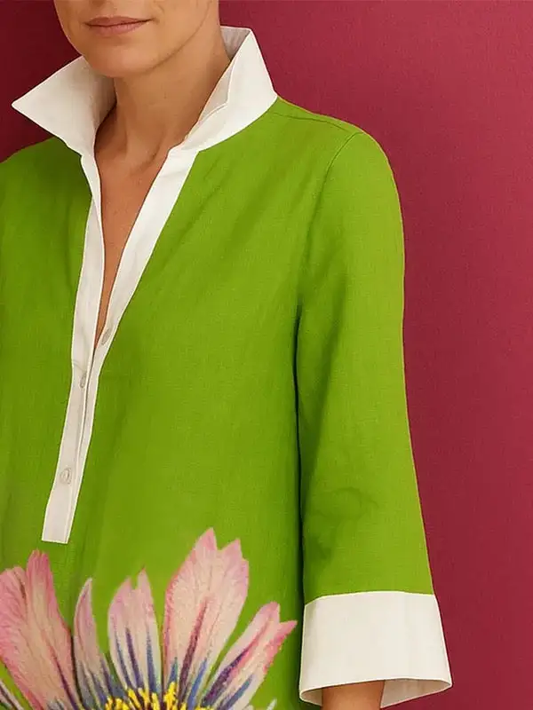 Relaxed Three Quarter Sleeve Buttoned Contrast Color Flower Print Lapel Mini