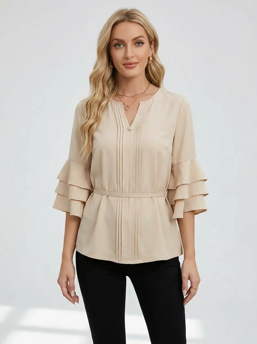 Pleated Ruffle Sleeve Blouse