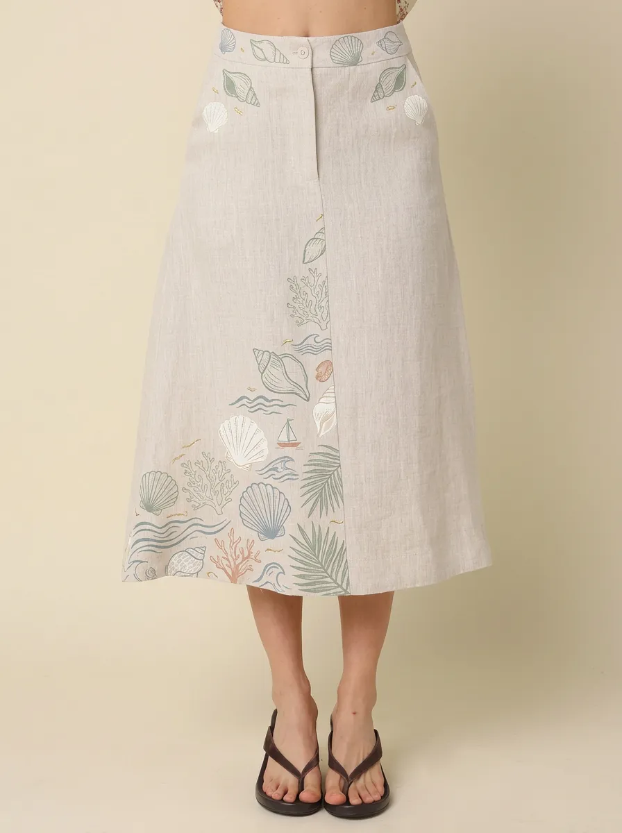 Women's Beach Lover Seashell Coral Palm Printed Midi Skirt