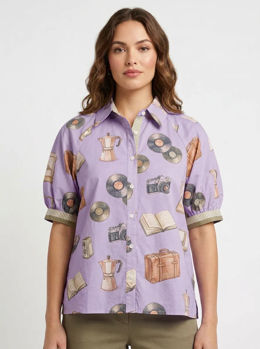 Women's Vintage Hobby Lover Vinyl Camera Coffee Printed Shirt