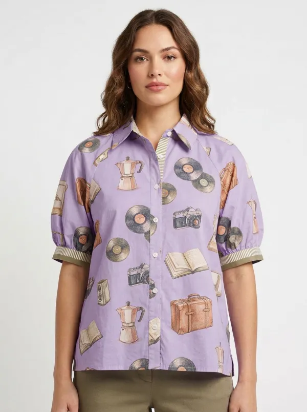 Women's Vintage Hobby Lover Vinyl Camera Coffee Printed Shirt