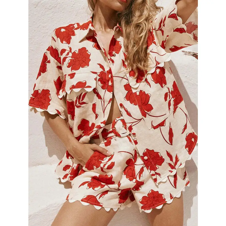 Floral Print Scalloped Edge Top and Shorts Set