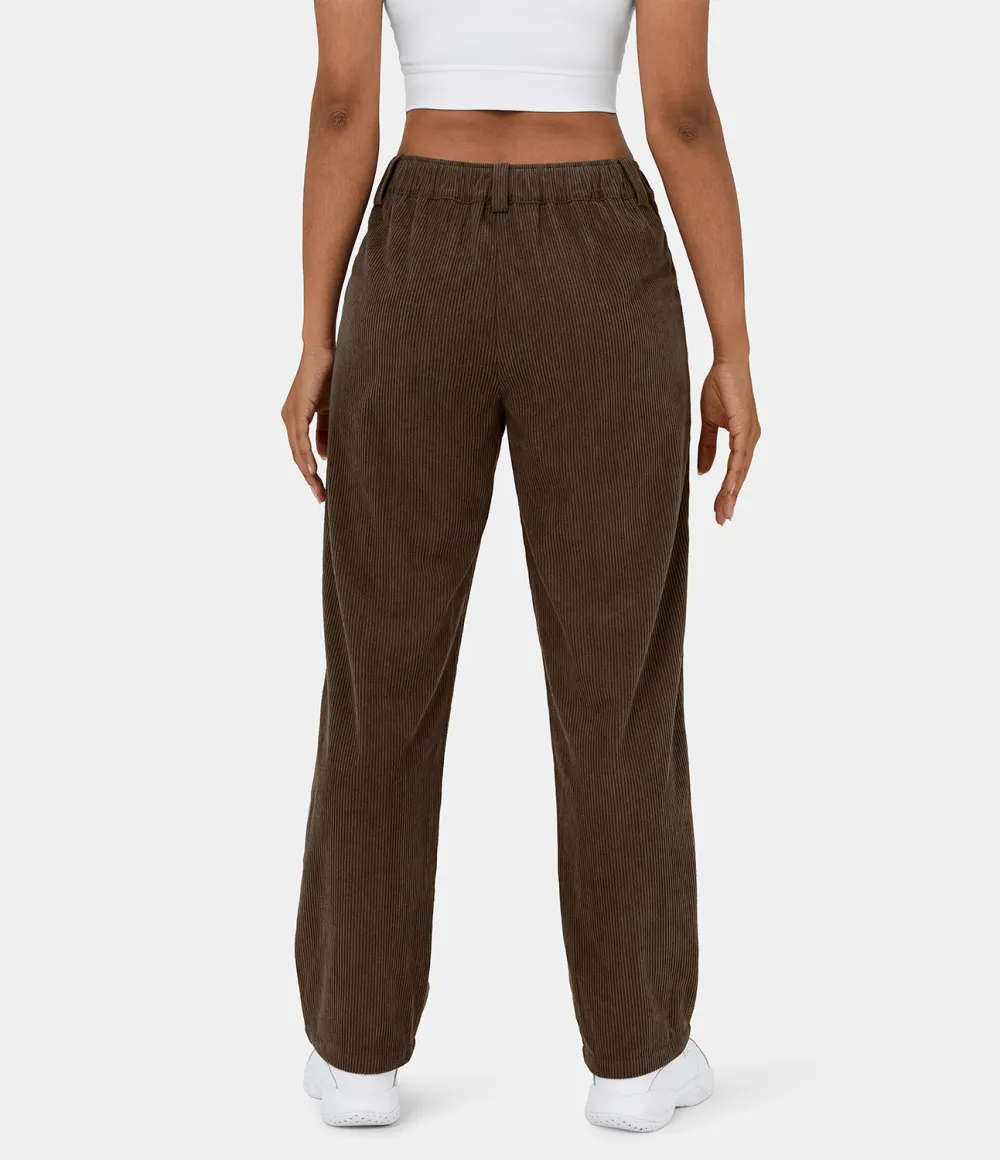 Mid Rise Button Zipper Side Pocket Corduroy Casual Pants