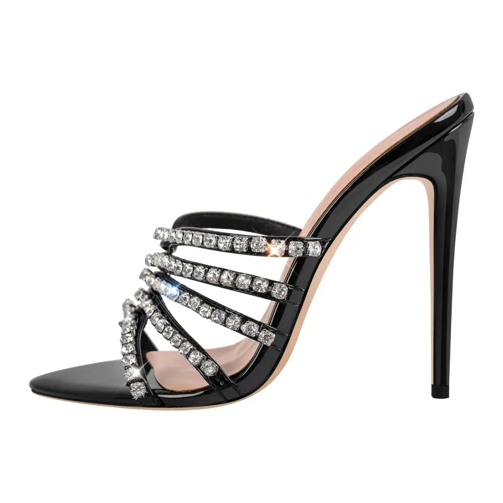Rhinestone Pointed Toe Strap Stiletto Mule Sandals