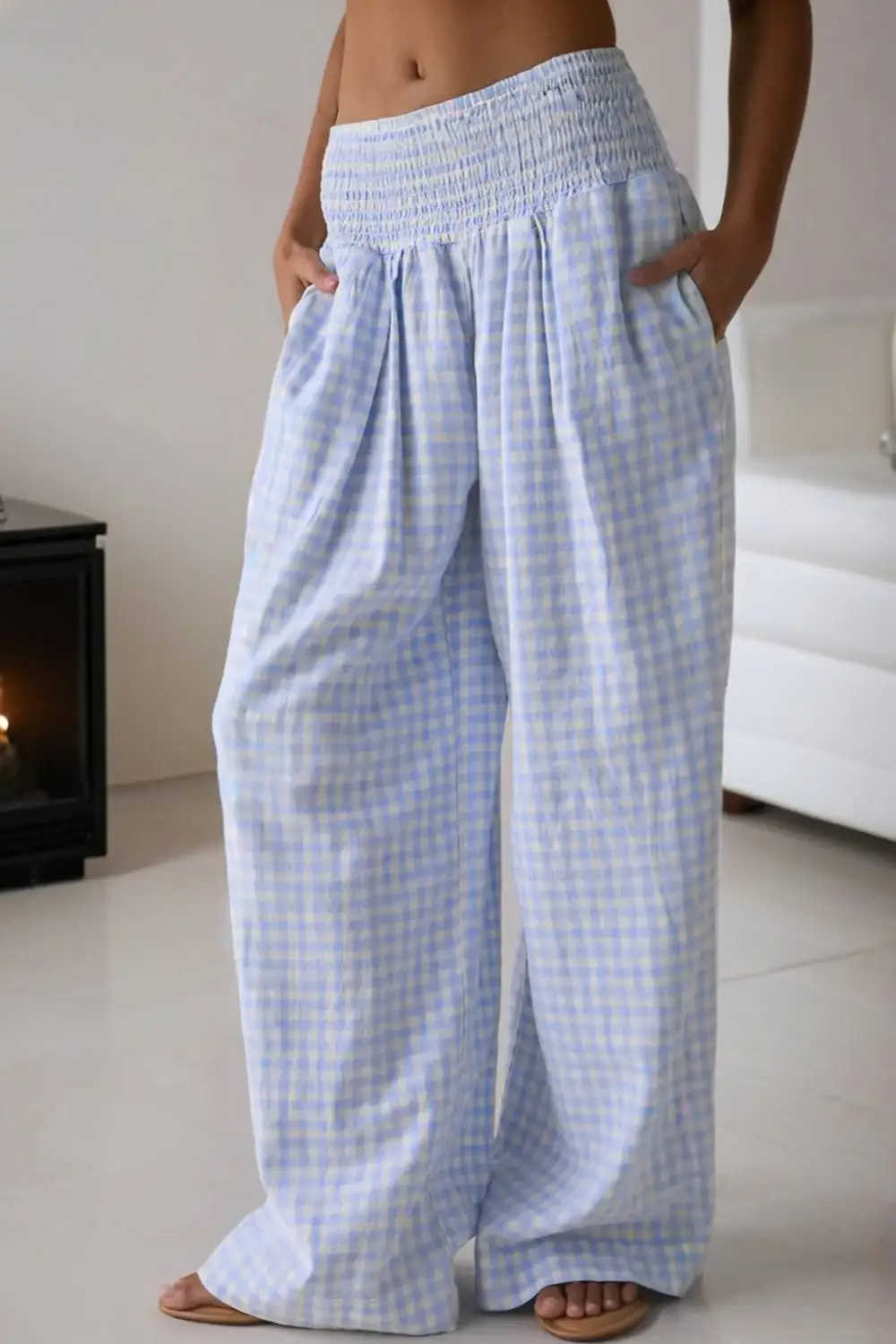 Plaid Print Smocked High Waist Loose Trousers