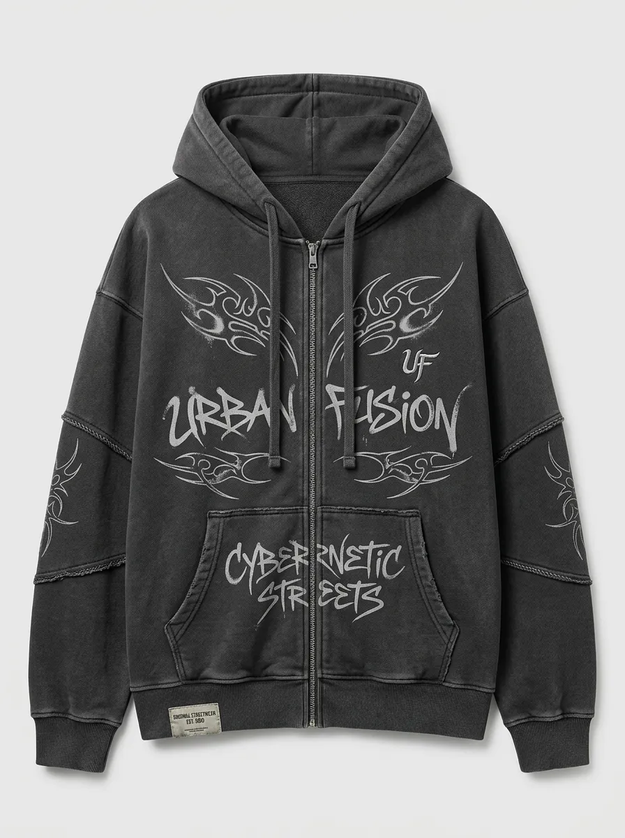 Unisex Streetwear Urban Fusion Tribal Printed Zip-up Hoodie