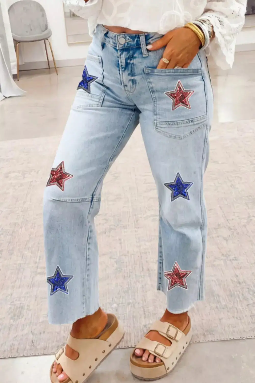 Denim Star Print Cropped Pocketed Jeans