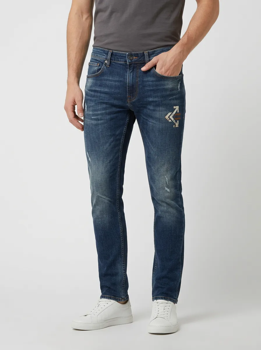 Men's Mid-Blue Arrow Distressed Slim Fit Jeans