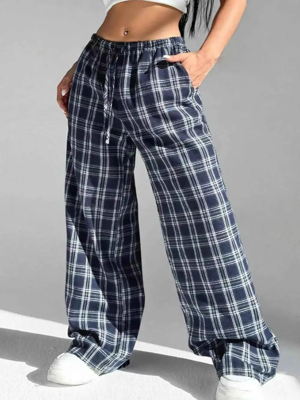 Plaid Drawstring Wide-Leg Pants