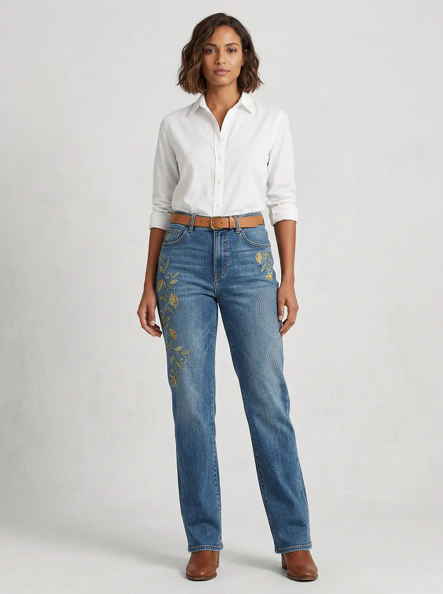 Women's Floral Embroidery Pattern Printed Straight Leg Jeans