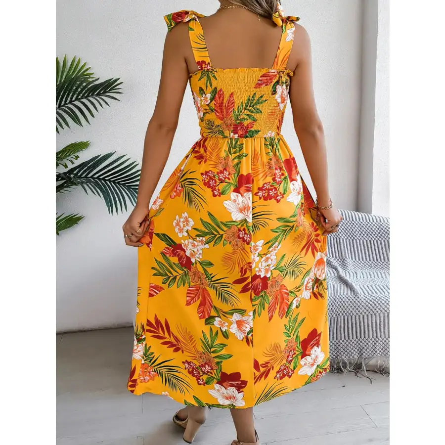 Smocked Tie Shoulder Midi Dress