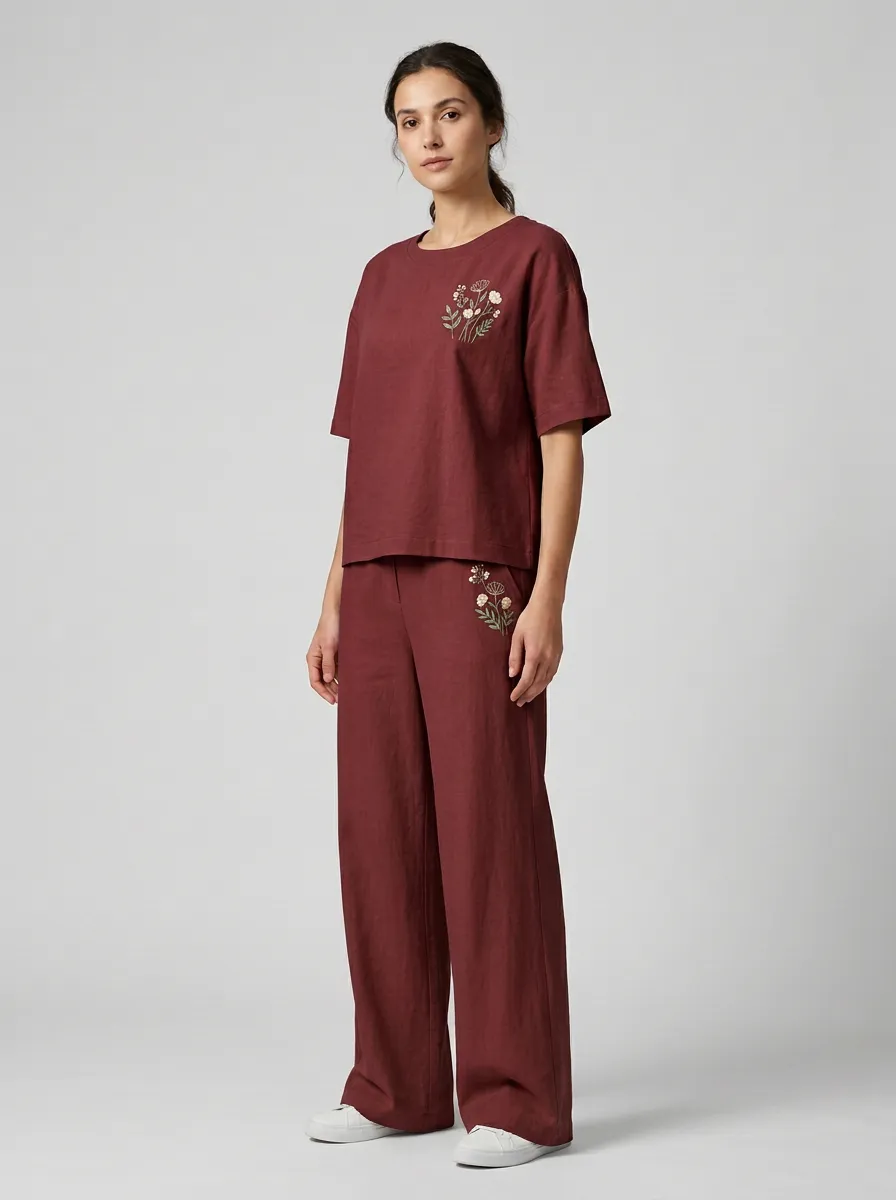 Women's Botanical Embroidered Boxy Top And Wide-Leg Trouser Two-Piece Set