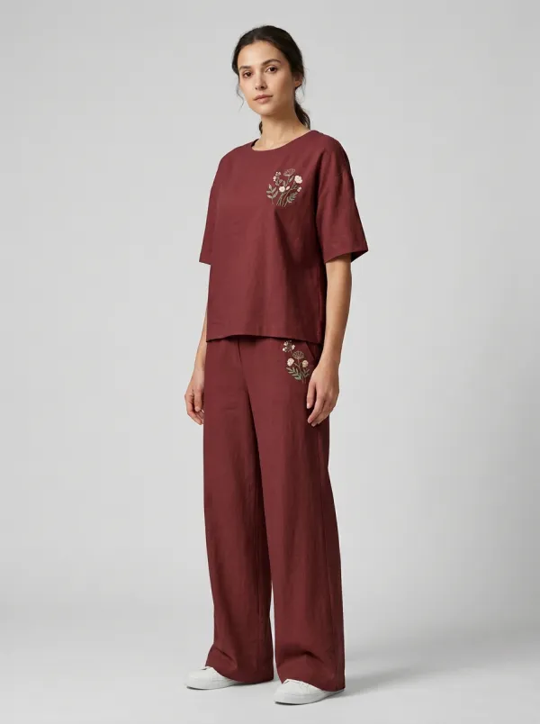 Women's Botanical Embroidered Boxy Top And Wide-Leg Trouser Two-Piece Set