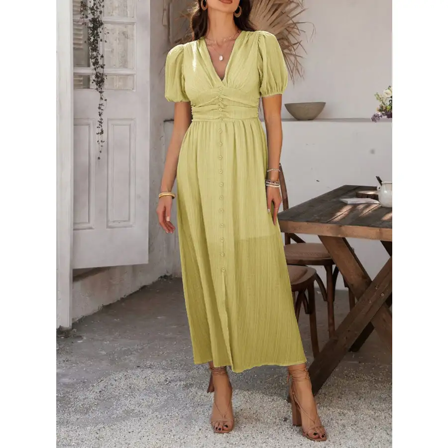 V-Neck Puff Short Sleeve Midi Dress