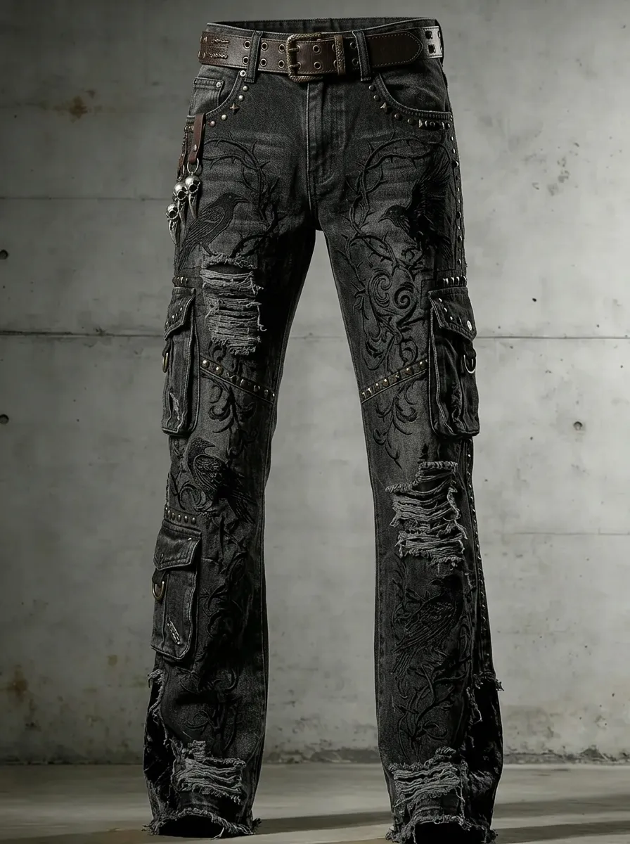 Shadow Raven Floral Distressed Detail Men's Gothic Cargo Pants