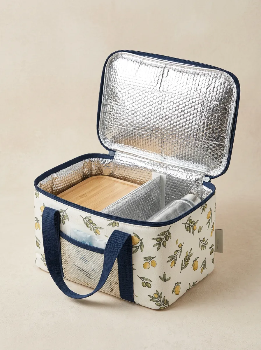 Lemon Olive Botanical Pattern Printed Insulated Lunch Bag