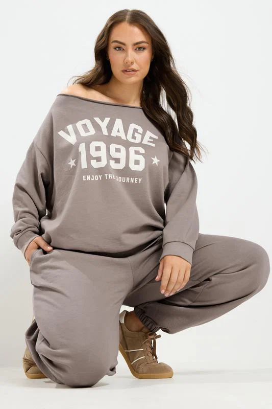 Brown 'Voyage' Off-Shoulder Sweatshirt & Jogger Set detail 1