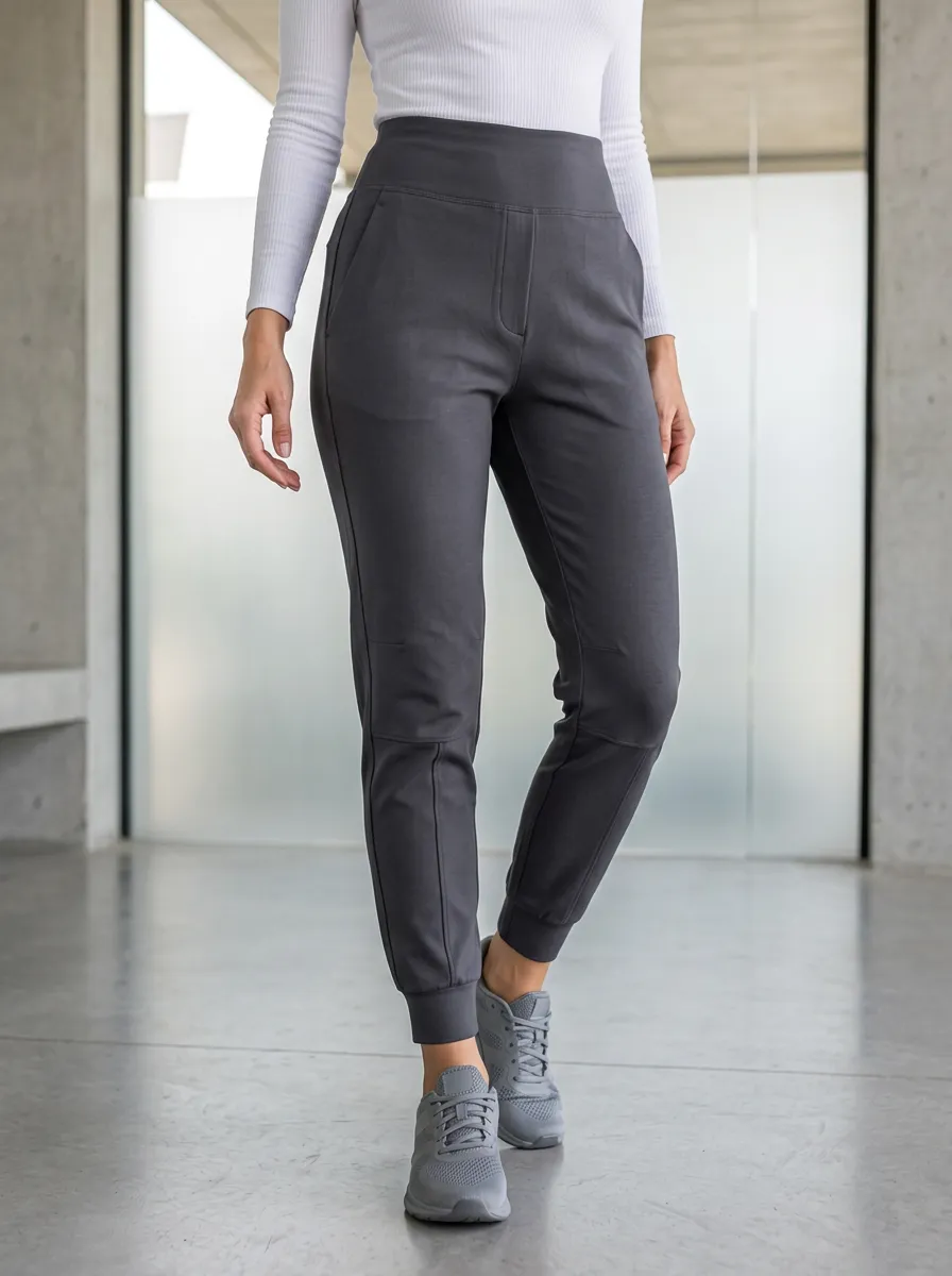 Women's High-Waisted Solid Grey Athletic Jogger Pants