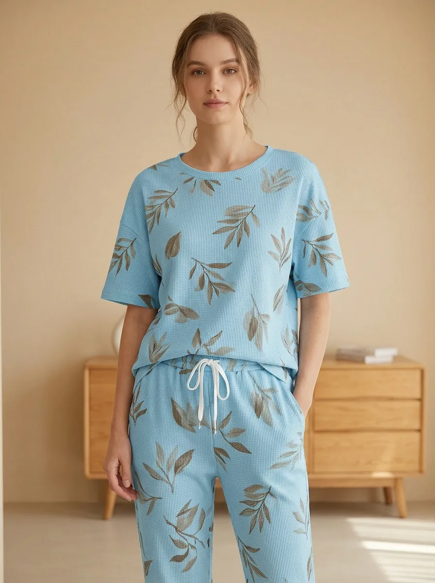 Botanical Leaf Waffle Knit Printed Lounge Set