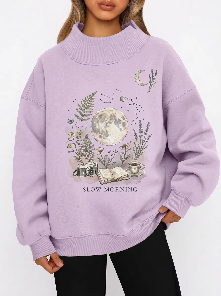 Women's Slow Morning Moon Book Camera Floral Graphic Sweatshirt