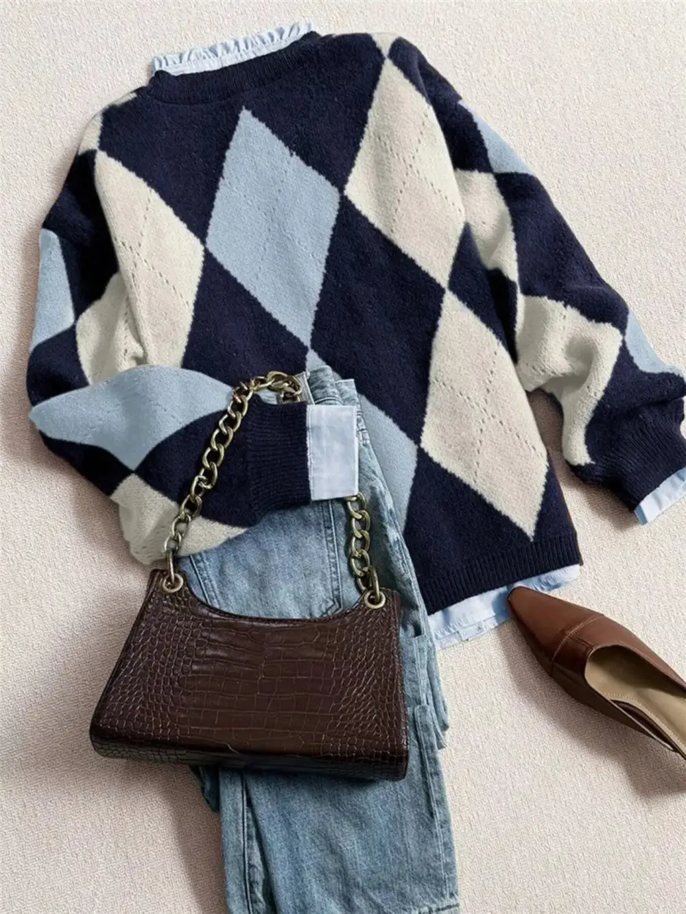 Vintage Argyle Round Neck Sweater