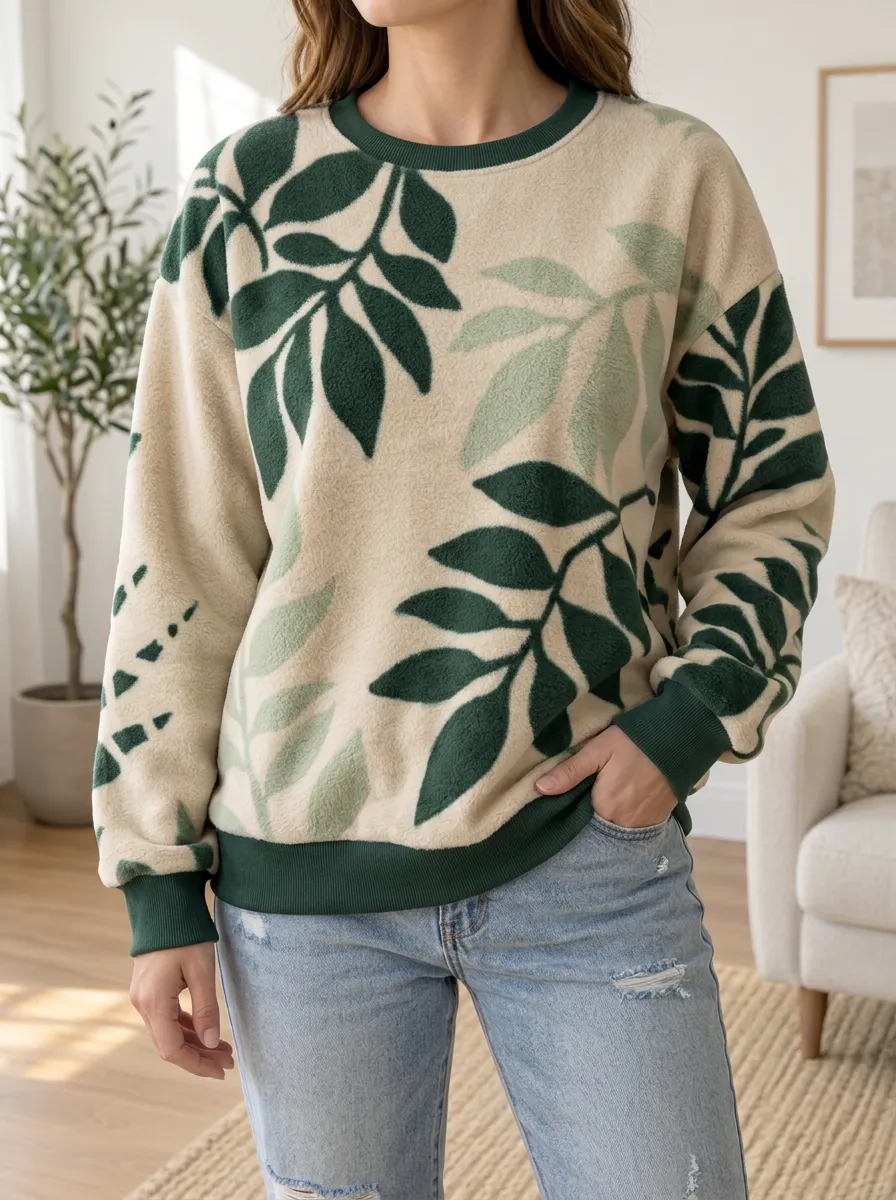 Women's Leaf Print Crewneck Sweatshirt Relaxed Fit